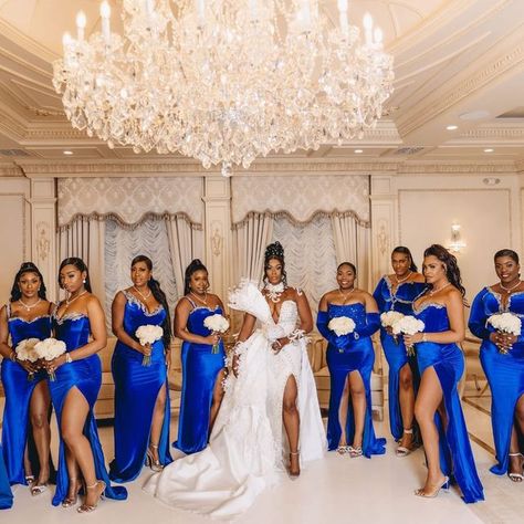 Ebonydami Creations on Instagram: "#tbt🔙📸 to our beautiful Racheal’s bridesmaids 👗 💥💥is giving #royalty 💎💸💸👸 and we loveeeee it #bridesmaiddressesonpoint" Royal Blue Bridesmaid Dresses Black Women, Royal Blue And Gold Wedding Theme Bridesmaid Dresses, Royal Blue Bridal Party, Blue Wedding Theme Black People, Blue Bridesmaid Dresses Black Women, Blue And Silver Bridesmaid Dresses, Wedding Aesthetic Blue, Wedding Bridesmaid Dresses Blue, Royal Blue Beach Wedding