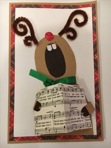 Singing Reindeer Card, Music Christmas Cards, Hockey Christmas Card, School Christmas Cards, Christmas Art For Kids, Cute Christmas Cards, Reindeer Card, Reindeer Craft, Christmas Bulletin