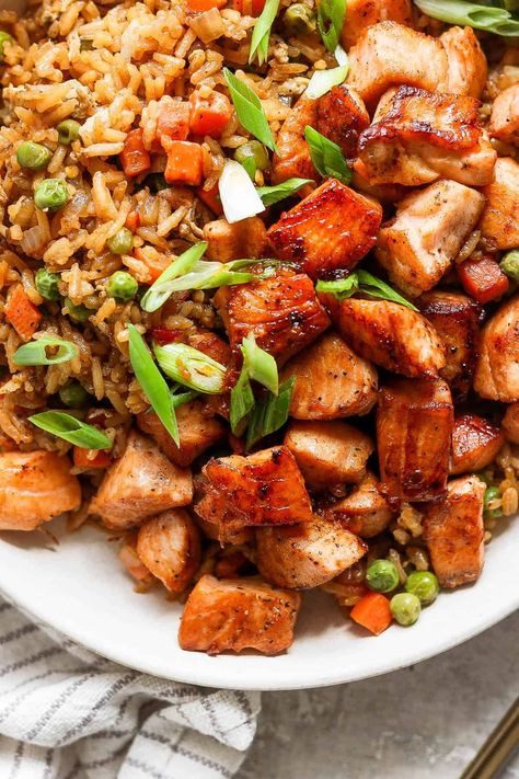 Salmon Fried Rice - The Wooden Skillet Fried Rice Sauce, Salted Salmon, Salmon Fried, Salmon Fried Rice, Rice Sauce, Rice Salmon, Homemade Fried Rice, Wooden Skillet, Sauce For Rice