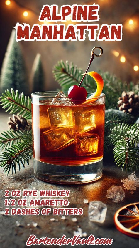 44 Winter Cocktail Recipes for a Festive 2024 and 2025 17 Holiday Manhattan Cocktail, Winter Manhattan Cocktail, Christmas Manhattan Cocktail, Winter Martini Recipes, Winter Cocktail Recipes, Manhattan Recipe, Winter Cocktails Recipes, Spiked Hot Chocolate, Winter Cocktail