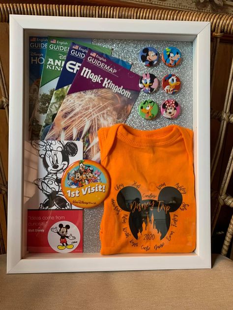 Disney Memorabilia Display, Disney Trip Shadow Box Ideas, Disney Memory Boxes, Disney Shadow Box Ideas Diy, Disney Keepsake Ideas, Disney Shadow Box Ideas, Disney Basement, River Crafts, Disney Shadow Box