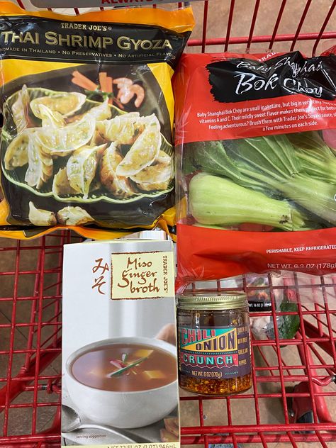 Spicy Gyoza Soup With Bok Choy Trader Joe's Recipes Healthy, Trader Joes 3 Ingredient Recipes, Trader Joes Recipes Vegetarian, Vegetarian Trader Joes Recipes, Trader Joes Healthy Meals, Tjs Meals, Easy Trader Joes Meals, Healthy Trader Joes Recipes, Trader Joe’s Meals