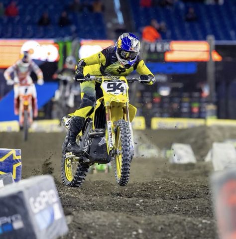 AMA Supercross season is over for Ken Roczen # 94 aboard his Progressive Suzuki RM450Z Motocross Wallpaper Dirt Bikes, Cross Bike Motocross, Ken Roczen, Ama Supercross, Deegan 38 Motocross, Chase Sexton Motocross, Motocross Action, Motocross