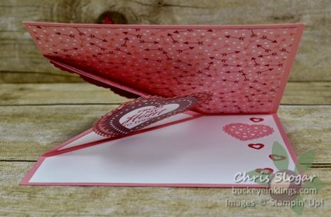 Heartfelt Corner Flip Card - Buckeye InklingsBuckeye Inklings Corner Pop Up Card Tutorial, Corner Fold Card Tutorial, Corner Flip Card, Stampin Up Valentine Cards, Diy Pop Up Cards, Side Step Card, Cards Valentines, Folding Cards, Barbie Printables