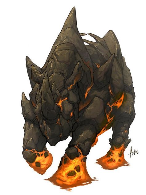 Magma Monster Art, Elemental Creature Art, Fantasy Fire Creatures, Fire Creature Art, Fire Creature Concept Art, Fantasy Beasts Monsters, Rhino Concept Art, Fantasy Rhino, Fire Golem