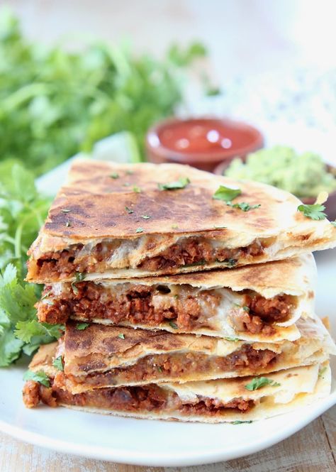 Soy Chorizo Quesadilla Recipe - WhitneyBond.com Soy Chorizo Recipes, Chorizo Quesadilla, Chorizo Recipes Appetizers, Chorizo Recipes Dinner, Vegetarian Quesadillas Recipes, Cheesy Pasta Recipes, Soy Chorizo, Vegetarian Quesadilla, Vegan Chorizo