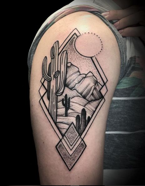 Safe Painting, Michael Tattoo, Arizona Tattoo, Tattoo Baby, Cowgirl Tattoos, Back Tats, Cactus Tattoo, Western Tattoos, Landscape Tattoo