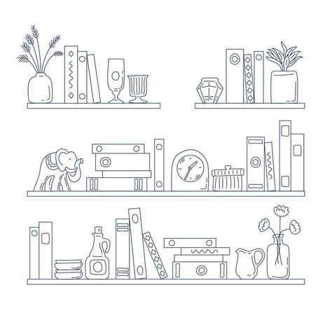 Drawings Of Books On Shelf, Books On Shelves Drawing, Books On Shelf Drawing, Stylized Bookshelves, Bookshelves Drawing, Shelf Doodle, Shelf Sketch, Book Doodles Aesthetic, Shelves Drawing