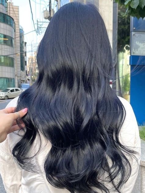 Korean Dark Blue Hair, New Trend Hair Color 2023, Black Hair With Hint Of Blue, Dark Ash Lavender Hair, All Over Hair Color Ideas For Dark Hair, Korean Hair Color Dark, Cool Black Hair Color, Very Dark Blue Hair, Korean Hair Black