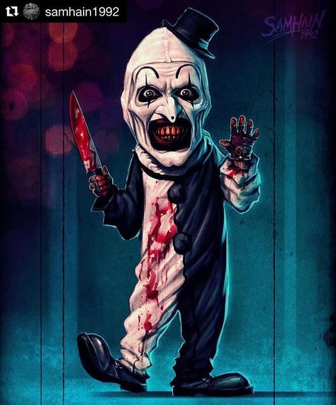 1 EyeOpenProductions™️| HORROR on Instagram: "In celebration of the release of Terrifier on Netflix we wanted to share this amazing Art The Clown artwork done by @samhain1992 #Terrifier #SamHain #Horror #HorrorArt #1EyeOpenProductions #HorrorMovies #DamienLeone #ArtTheClown #HorrorFan #HorrorJunkie #Netflix #Artist #HorrorCommunity #HorrorObsessed #HorrorAddict #Clown @damien_leone @davidhowardthornton" Horror Villians, Horror Slashers, Creepy Clowns, Horror Photos, Horror Fanatic, Horror Vintage, Creepy Pictures, Funny Horror, Evil Clowns