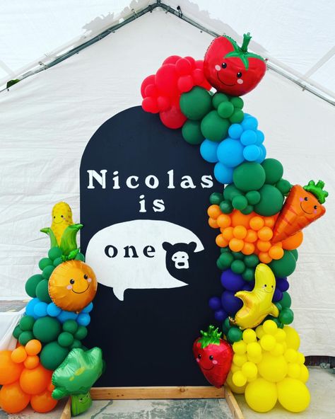 Hey bear sensory theme. Balloon garland by View-T balloons. Fruit 3rd Birthday Party, Hey Bear Balloon Garland, Hey Bear Decorations, Hey Bear Party Theme, Hey Bear Balloon Arch, Hey Bear Pinata, Hey Bear Backdrop, Hey Bear Sensory Birthday Party Food, Fruit Sensory Birthday Party