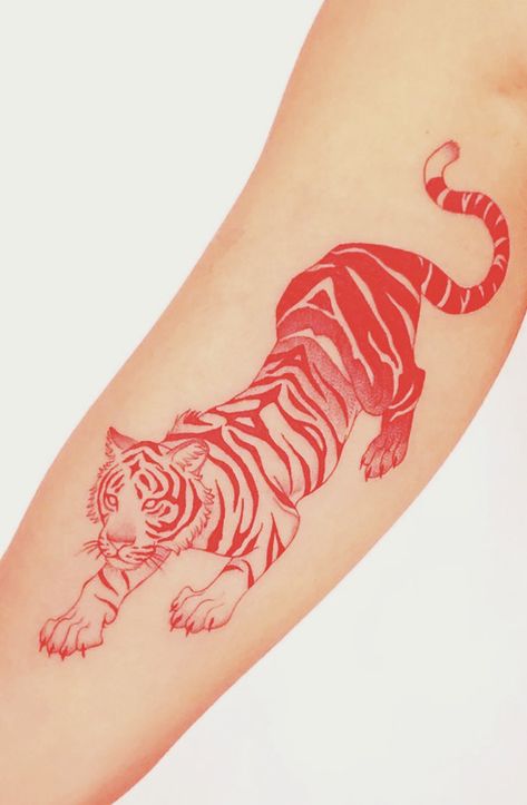 Blue Leg Tattoo, Tiger Tattoo Red Ink, Red Animal Tattoo, Cheetah Arm Tattoo, Blue Tiger Tattoo, Red Tiger Tattoo, Tattoo Design Reference, Jaguar Tattoo, Bright Tattoos