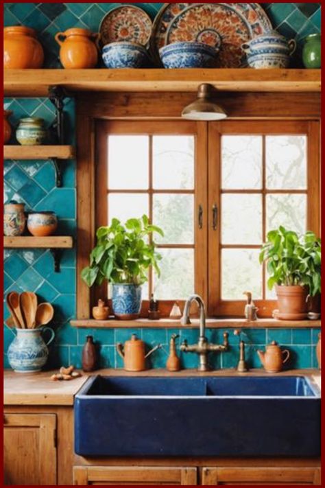 Rustic kitchen sink with potted plants on windowsill and shelves, decorated with colorful ceramic dishes. Eclectic Kitchen Bohemian, Colorful Eclectic Kitchen, Colorful Cottagecore, Hippie Kitchen, Kitchen Flooring Trends, Kitchen Tile Inspiration, Boho Style Kitchen, Industrial Chic Kitchen, Ensuite Bathroom Designs