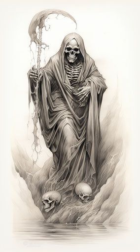 Designs that define you: Grim Reaper vector art by Imagella. Economical, eclectic imagery with our monthly subscription. Female Grim Reaper Drawing, Full Skeleton Drawing, Grim Reaper Tattoo Women, Dark Skull Tattoo Design, Reaper Artwork, Reaper With Wings, Reaper Tattoo Designs, Grim Reaper Images, Grim Reaper Drawing