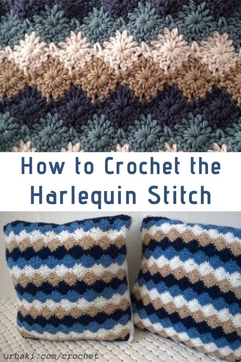 The harlequin stitch is a great technique for a project where you want to show off your crochet skills (like a baby shower or wedding gift, perhaps).    You should be familiar with single crochets, double crochets, and crochet-togethers. This stitch can look like flat zigzags or have a more starburst appearance depending on which pattern you choose to follow.    #crochet #crochetstitch #crochetstitches #crochetdiagram #freecrochet #crochetaddict #lovecrochet Harlequin Crochet Pattern, Harlequin Crochet Blanket, Hekel Patrone, 100 Crochet Stitches, Crafting Corner, Crocheted Blankets, Crochet Rugs, Stitch Blanket, Crochet Afghan Patterns Free