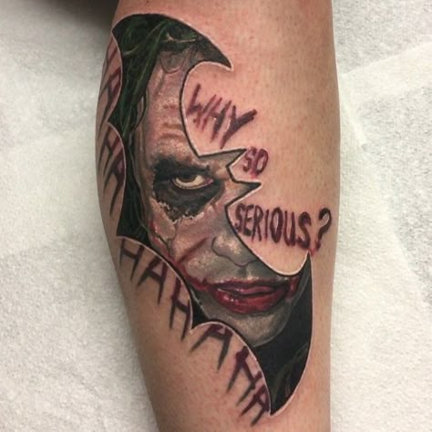 Heath Ledger Tattoo, Batman Joker Tattoo, Why So Serious Tattoo, Batman Symbol Tattoos, Tato Joker, Bats Tattoo, Boyfriend Art, Joker Heath Ledger, Harley Tattoos