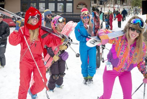 From left, Kate Elkind, Becca Gerber, Sarah Beal and Abby Clark head for the lifts Wednesday dressed in their finest Gaper Day outerwear, Jackson Hole’s version of an April Fools’ Day celebration. The last day of the ski season is Sunday, where there will surely be an equally well-costumed party ready to take over the mountain. PRICE CHAMBERS / NEWS&GUIDE Abby Clark, Wednesday Dress, Ski Party, Ski Aesthetic, Rise Festival, Ski Outfit, Ski Season, April Fools Day, 90s Aesthetic