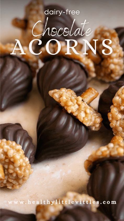 These easy and adorable Chocolate Acorns are the perfect DIY Fall chocolate treat. Dairy-free dark chocolate is molded into the chocolate candy kiss shape, topped with a mini no-bake, crispy quinoa cookie, and then finished with gluten-free pretzel pieces as the acorn stems! Chocolate Acorns, Crispy Quinoa, Pretzel Cookies, Gluten Free Pretzels, Creative Snacks, Plant Based Breakfast, Chocolate Pretzels, Vanilla Wafers, Soft Pretzels