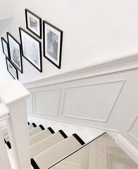 Panelled Wall Hallway, Stairs Panelling With Hand Rail, Small Hallway With Stairs, Stair Panelling With Handrail, Panelled Walls Stairs, Half Panelled Walls Hallways, Landing Banister Ideas, Hall Stairs And Landing Panelling, White Staircase With Runner