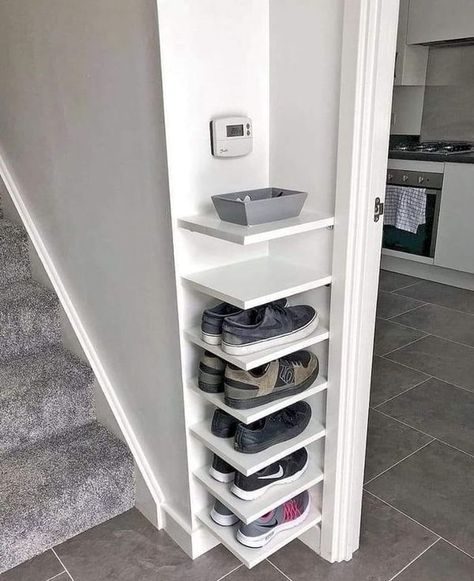 Built In Shoe Rack, Tv Built In Wall, Nook Shelves, Classroom Curtains, Apartment Styling, Tv Built In, Shoe Cubby, Small Home Decor, Laundry Mudroom