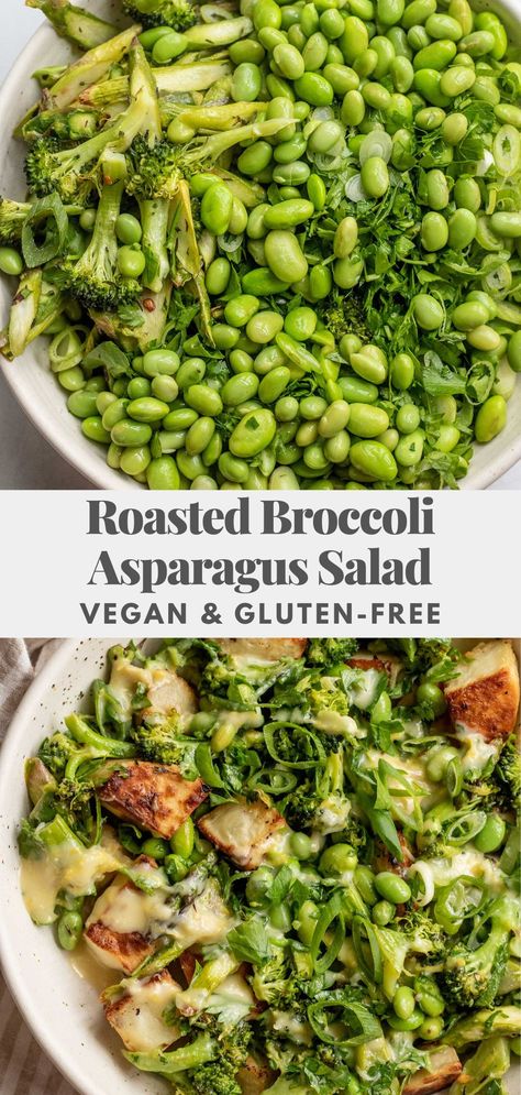 This roasted broccoli asparagus salad is tossed in a creamy roasted garlic lemon dressing that will make you excited about getting your vegetables in. Good Salads, Veggie Salads, Asparagus Beans, Savory Meals, Asparagus Salad, Vegan Salad Recipes, Weekday Meals, Daniel Fast, Vegan Meal Prep