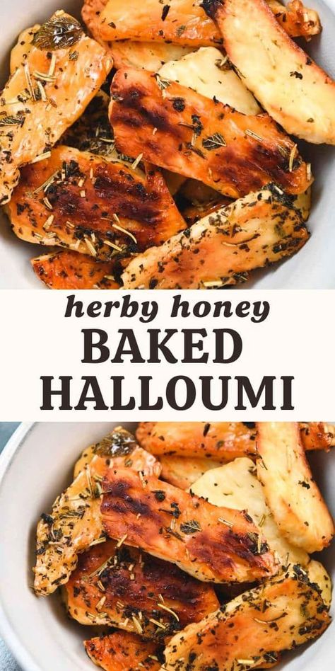 Honey-baked halloumi is sweet, salty, herby, and the perfect addition to bowls and pasta. Baked halloumi is golden and crisp and ready in just under 30 minutes! Halloumi Cheese Recipes, Collard Greens Salad, Halloumi Pasta, Baked Halloumi, Halloumi Fries, Chilli Honey, Fresh Herb Recipes, Fried Halloumi, Halloumi Cheese