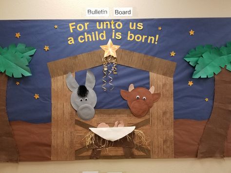 Christmas bulletin board  "For unto us a child is born!" J Is For Jesus, Christmas Bulletin Board Ideas, December Bulletin Boards, Christmas Sunday School, Christian Ideas, Christmas Bulletin Boards, Christian Bulletin Boards, Sunday School Decorations, Christmas Classroom Door