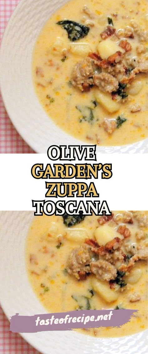 Olive Garden's Zuppa Toscana - ​A copycat Tuscan soup recipe just like Olive Garden’s! At least that’s what I’ve heard. Light Zuppa Toscana Soup, Cauliflower Zuppa Toscana Soup, Zappa Tuscan Soup, Olive Garden Tuscan Zuppa, Olive Garden Minestrone Soup Recipe Copycat, Tuscan Potato Soup, Gnocchi Zuppa Toscana Soup, Tuscan Soup Olive Garden, Soupa Tuscana Olive Garden