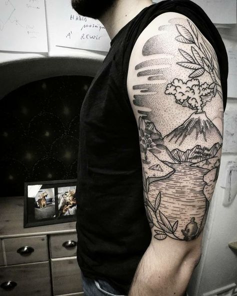 Elevate your style with mountain tattoos. In this article, we will share the best designs from geometric lines to realistic depictions. Volcano Tattoo, Mountain Tattoo Ideas, Mountain Tattoos, Men Tattoos, Engraving Illustration, Mountain Tattoo, Line Work Tattoo, Sleeves Ideas, Leg Sleeves