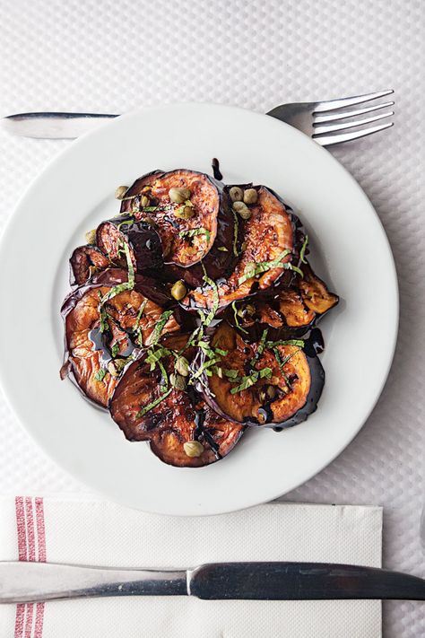 Eggplant with Balsamic, Basil, and Capers Recipe | Saveur Spanish Tapas Vegetables, Spanish Eggplant Recipe, Easy Spanish Tapas, Spanish Vegetarian Recipes, Vegetarian Tapas Recipes, Eggplant Tapas, Tapas Vegetarian, Spanish Eggplant, Healthy Tapas