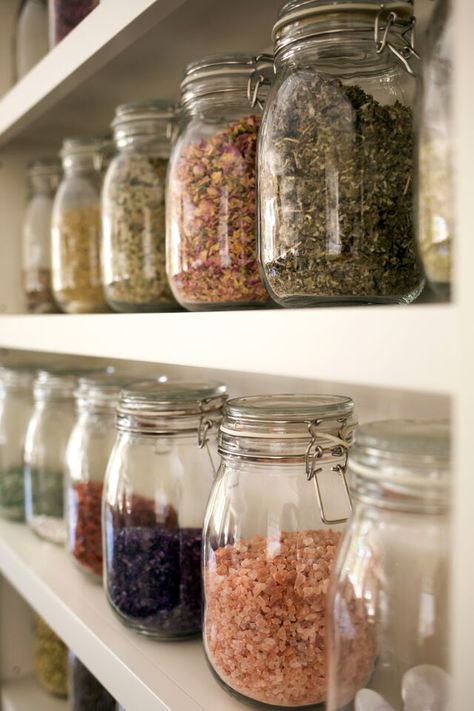 Jars and jars of organic botanicals and crystals. Charlotte Street, Organization Pantry, Herb Jar, Call The Midwife, Kitchen Organization Pantry, Tea Jar, Stylist Tattoos, Magic Forest, Pantry Organization