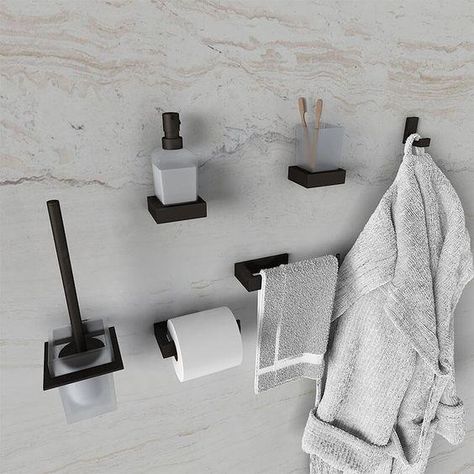 Explore practical designer sets of bathroom accessories in trendy matt black which includes towel rail, robe hook, tumbler, toilet brush etc. Click here now! Trending Beds, Black Bathroom Fixtures, Black Bathroom Accessories Set, Black Bathroom Hardware, Washroom Accessories, Bathroom Accessories Luxury, Bathroom Tumbler, Matte Black Bathroom, Black Bathroom Accessories