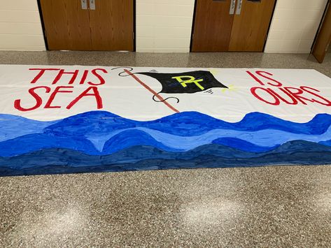 Beat The Pirates Football Signs, Run Through Signs, High School Football Posters, Cheerleading Signs, School Hallway Decorations, Cheer Box, School Spirit Posters, Cheer Routines, Football Banner