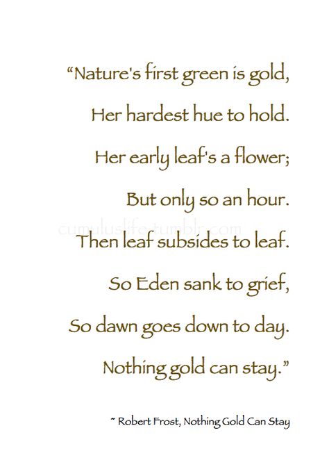 ~ Autumn ~ “Nature's first green is gold , Her hardest hue to hold . . . So dawn goes down to day. Nothing gold can stay.” ~ Robert Frost, Nothing Gold Can Stay #October_Poetry Stay Gold Poem, Stay Quotes, Autumn Poetry, Robert Frost Quotes, Autumn Quote, Poems About School, Robert Frost Poems, Nature Poem, Gold Quotes