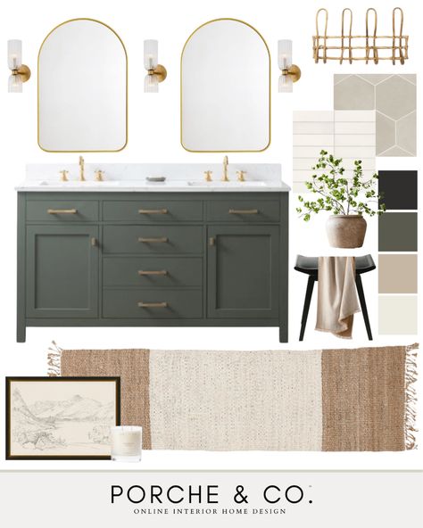 Neutral Color Master Bath, French Farmhouse Master Bath, Half Bath Green Vanity, Warm Bathroom Colors Earth Tones Master Bath, All White Bathroom With Pop Of Color, Natural Bathroom Design Earth Tones, Green Cabinets Bathroom, Bathroom Wood Vanity, Green Bath Vanity