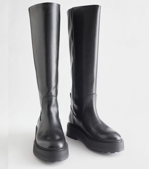 & Other Stories Chunky Knee High Leather Boots Chunky Knee High Boots Outfit, Rain Boot Outfit, Valentino Boots, Knee High Boots Flat, Lug Boots, Black High Boots, Lug Sole Boots, High Leather Boots, Black Knee High Boots