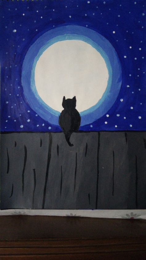 Moonlight Drawing, Cute Easy Paintings, Moonlight Painting, Fall Art Projects, Scary Cat, Under The Moonlight, Painting Pictures, Coffee Painting, Time Painting