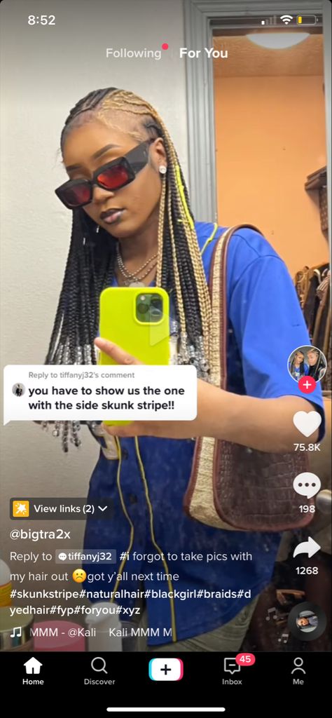 Skunk Stripe Stitch Braids, Skunk Strip Box Braids, Skunk Stripe With Braids, Box Braids With Skunk Stripe, Skunk Box Braids, Box Braids Skunk Stripe, Skunk Braids For Black Women, Skunk Stripe Hair Braids, Skunk Strip Braids