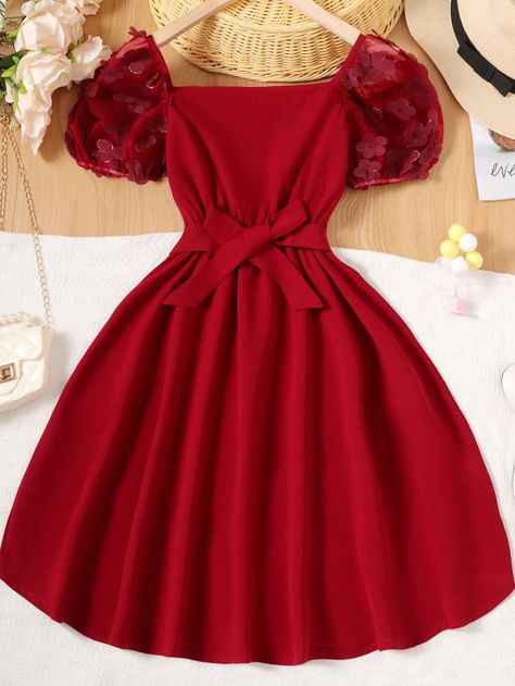 Burgundy Casual Collar Short Sleeve Fabric Plain A Line Embellished Slight Stretch  Tween Girls Clothing Dress Outfits Party, Cute Beach Outfits, Shein Kids, Girls Applique, African Dresses For Kids, Valentines Day Dresses, Valentine Dress, Cute Dress Outfits, Red Dress Outfit