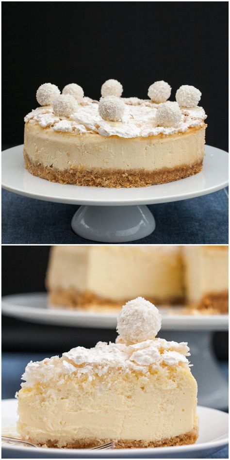 Ferrero Cheesecake, Raffaello Cheesecake, Cheesecake Coconut, Dream Cookies, Coconut Meringue, Baking Cheesecake, Desserts Cheesecake, Recipes Cheesecake, Cheese Cake Filling