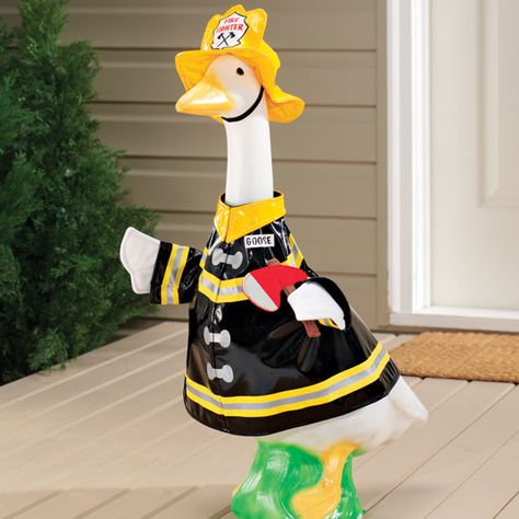 Firefighter Goose - Zoom Yard Goose, Lawn Goose Clothes, Goose Costume, Goose Outfits, Porch Goose, Lawn Goose, Goose Dress, Cute Goose, Duck Costumes