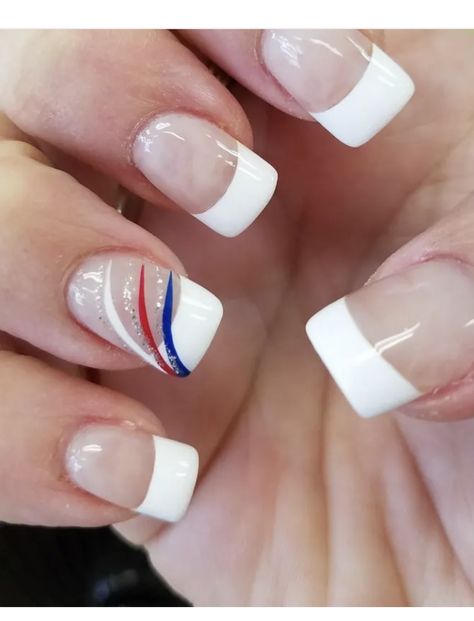 Short Patriotic Nails, America French Tip Nails, French 4th Of July Nails, Forth Of July French Tips, Patriotic Nails Design French Tip, French Flag Nails, Flag Nails, Patriotic Nails, Fourth Of July Nails