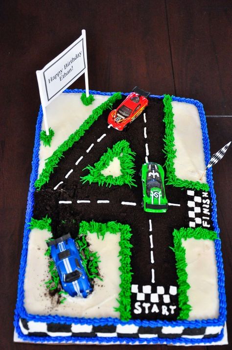 4th birthday cake Race Track Cake, Race Car Cakes, Boy Cakes, Cars Birthday Cake, Hot Wheels Party, Hot Wheels Birthday, 4th Birthday Cakes, Race Car Birthday Party, Race Car Birthday