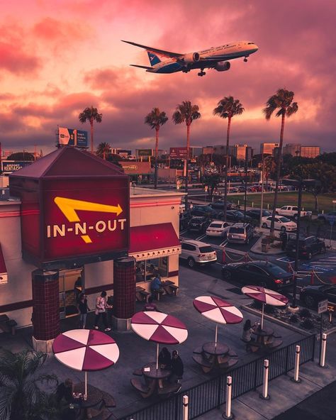 In-N-Out Burger near LAX runway (9149 S Sepulveda Blvd, Los Angeles, CA 90045) Los Angeles Wallpaper, In And Out Burger, Plane Flying, In-n-out Burger, In N Out, Sunset Beautiful, In & Out, New Retro Wave, Los Angeles International Airport