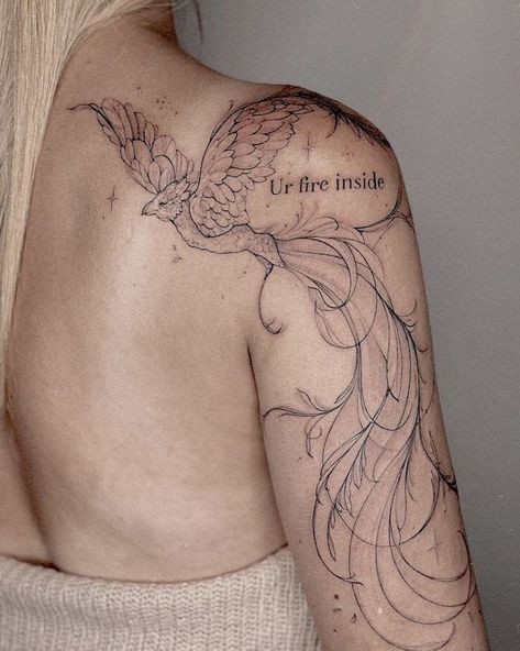 Phoenix Tattoo On Shoulder, Burning Pheonix Tattoo, Pheonix Tattoo For Women Thigh Beautiful, Phoenix Tattoo Shoulder For Women, Ornamental Phoenix Tattoo, Phoenix Ashes Tattoo, Arm To Back Tattoo, Phenix Tattoo For Women Arm, Phoenix Arm Tattoo For Women