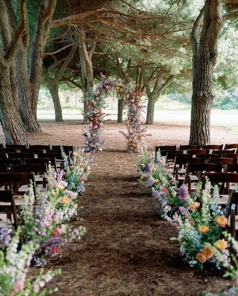 Wedding Aisle Flowers On Ground, Wedding Under Trees, Pine Tree Forest, Floral Arch Wedding, Pine Trees Forest, Aisle Flowers, Luxe Wedding, Orange County Wedding, Floral Arch