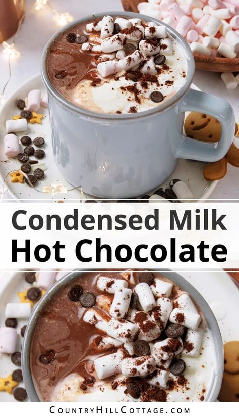 Condensed milk hot chocolate is the sweetest and creamiest way to warm up this winter! Made with 5 ingredients, the recipe is a twist on traditional hot cocoa, perfect to cozy up during the holidays and colder months. Thanks to condensed milk and cocoa powder, this drink has a rich chocolate flavor and thick, dreamy texture. Top your hot cocoa with marshmallows, chocolate chips, cinnamon, hot fudge sauce, cookies, peppermint, peanut butter, Biscoff and white chocolate. | CountryHillCottage.com Hot Cocoa Recipe Stovetop, Condensed Milk Hot Chocolate, Condensed Milk And Cocoa Powder, Chocolate With Cocoa Powder, Peanut Butter Hot Chocolate Recipe, Flavored Coffee Creamer Recipes, Hot Chocolate With Cocoa Powder, Easy Coffee Drinks Recipes, Creamy Hot Chocolate Recipe