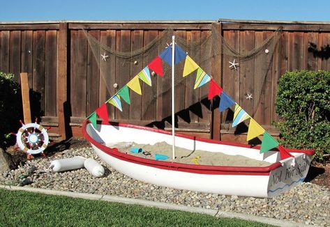 boat sandbox | Turned an old fiberglass sailing boat into a huge sandbox for the ... Boat Sandbox, Cat Playground Outdoor, Play Garden, Sand Pit, Outdoor Play Areas, Sensory Garden, Kids Outdoor Play, Outdoor Play Area, Cat Playground