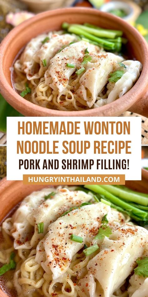 Get the most delicious wonton noodle soup recipe with pork and shrimp wontons! Whether you use homemade or frozen wontons, this healthy, comforting noodle soup is perfect for dinner. The broth is light and flavorful, and you can add a spicy twist for extra flavor. Frozen Wontons, Egg Noodle Soup, Thai Dinner Recipes, Recipe With Pork, Shrimp Wontons, Thai Soup Recipes, Soup With Pork, Pork And Shrimp, Wonton Noodle Soup