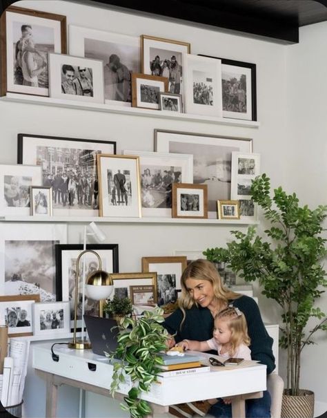 Gallery Wall In Home Office, Built In With Artwork, Blank Wall In Office, Photo Gallery Wall With Shelves, Gallery Wall With Diplomas, Home Office Wall Decor Ideas Behind Desk, Office Diploma Display Ideas, Pottery Barn Gallery Wall, Classy Gallery Wall